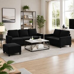 3 Piece Sofa Set with Footstool Black Velvet Living Room Furniture Seating