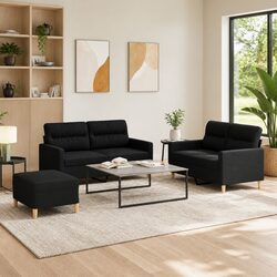 3 Piece Sofa Set with Cushions Black Fabric Lounge Couch Footstool Living Room