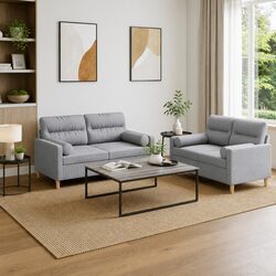 2 Piece Sofa Set Grey Fabric Lounge Suite with Pillows Living Room Furniture