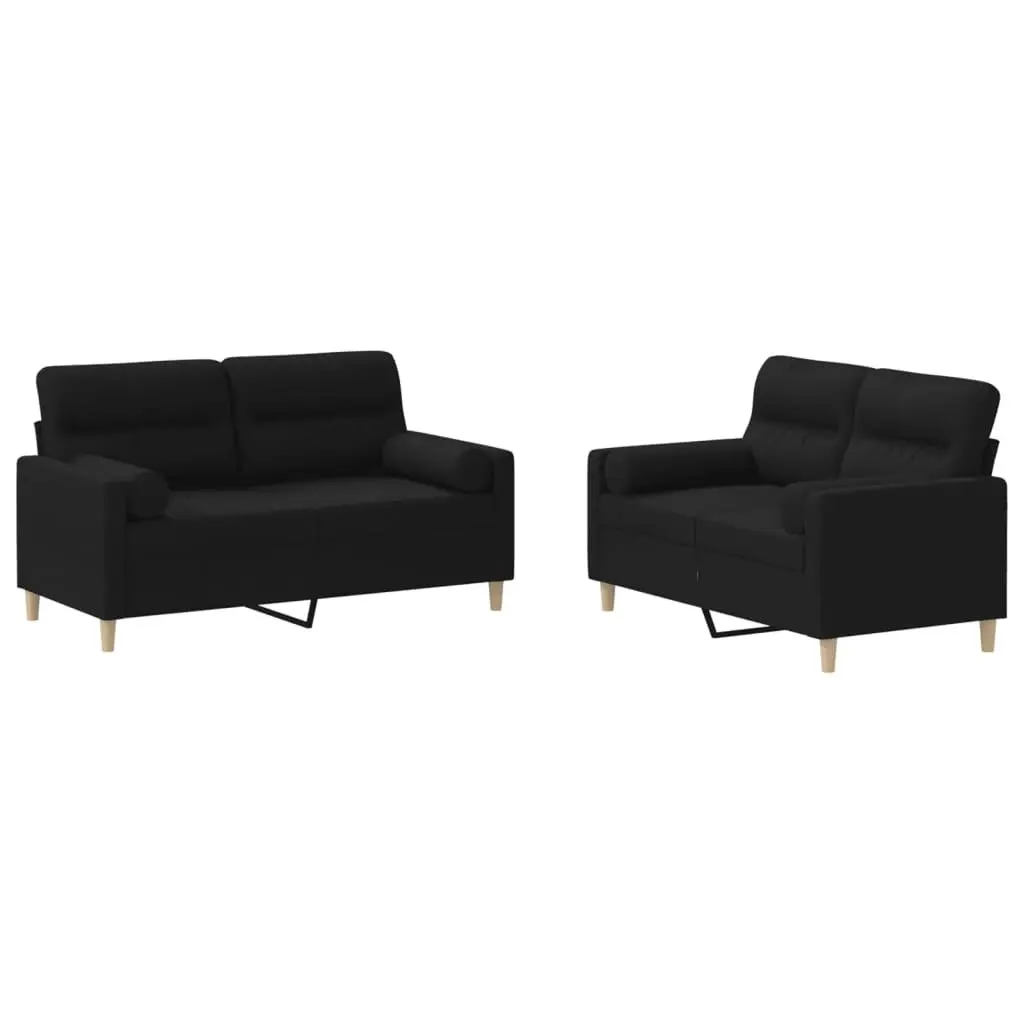 2 Piece Sofa Set Black Fabric Thickly Padded Seating with Roll Pillows