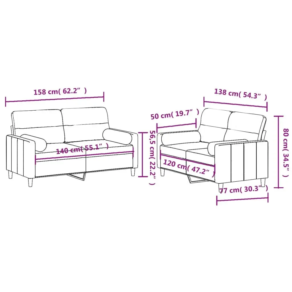 2 Piece Sofa Set Black Fabric Thickly Padded Seating with Roll Pillows