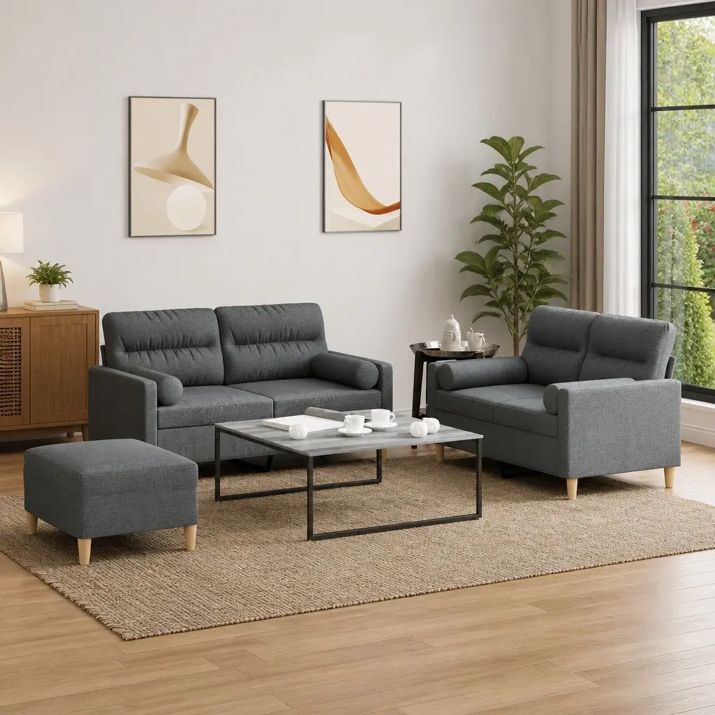 3 Piece Sofa Set Grey Fabric Lounge Couch with Pillows Footstool Living Room