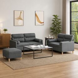 3 Piece Sofa Set Grey Fabric Lounge Couch with Pillows Footstool Living Room