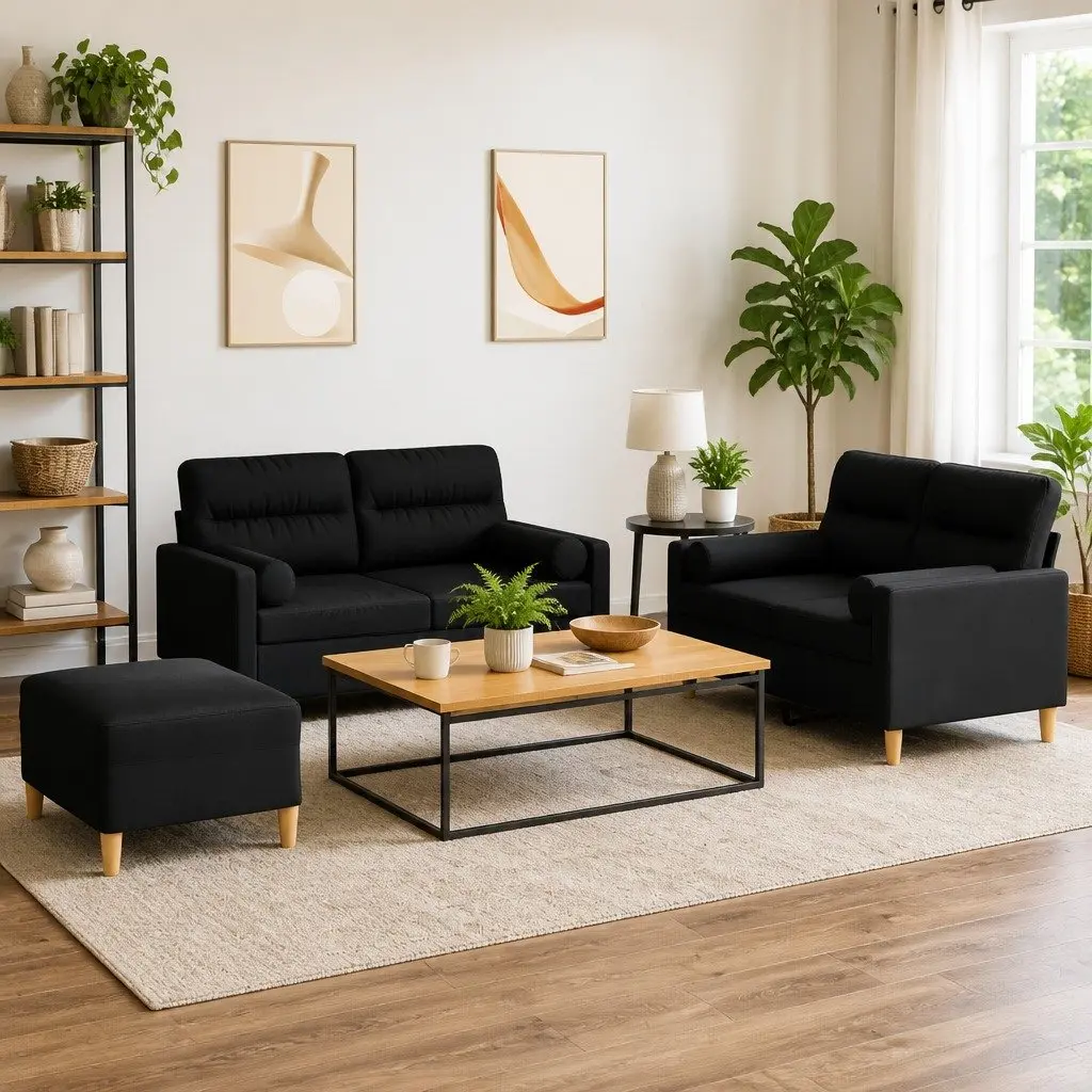 Black Fabric Lounge Suite Sofa Set 3 Piece with Footstool and Pillows for Living Room or Bedroom