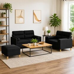 3 Piece Sofa Set Black Fabric Lounge Suite Couch with Pillows Footstool Living