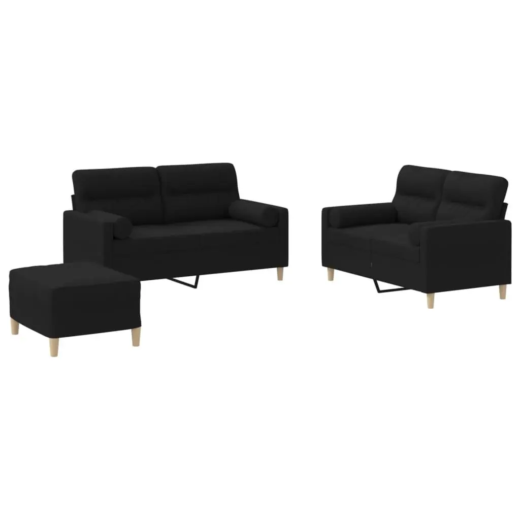 Black Fabric Lounge Suite Sofa Set 3 Piece with Footstool and Pillows for Living Room or Bedroom