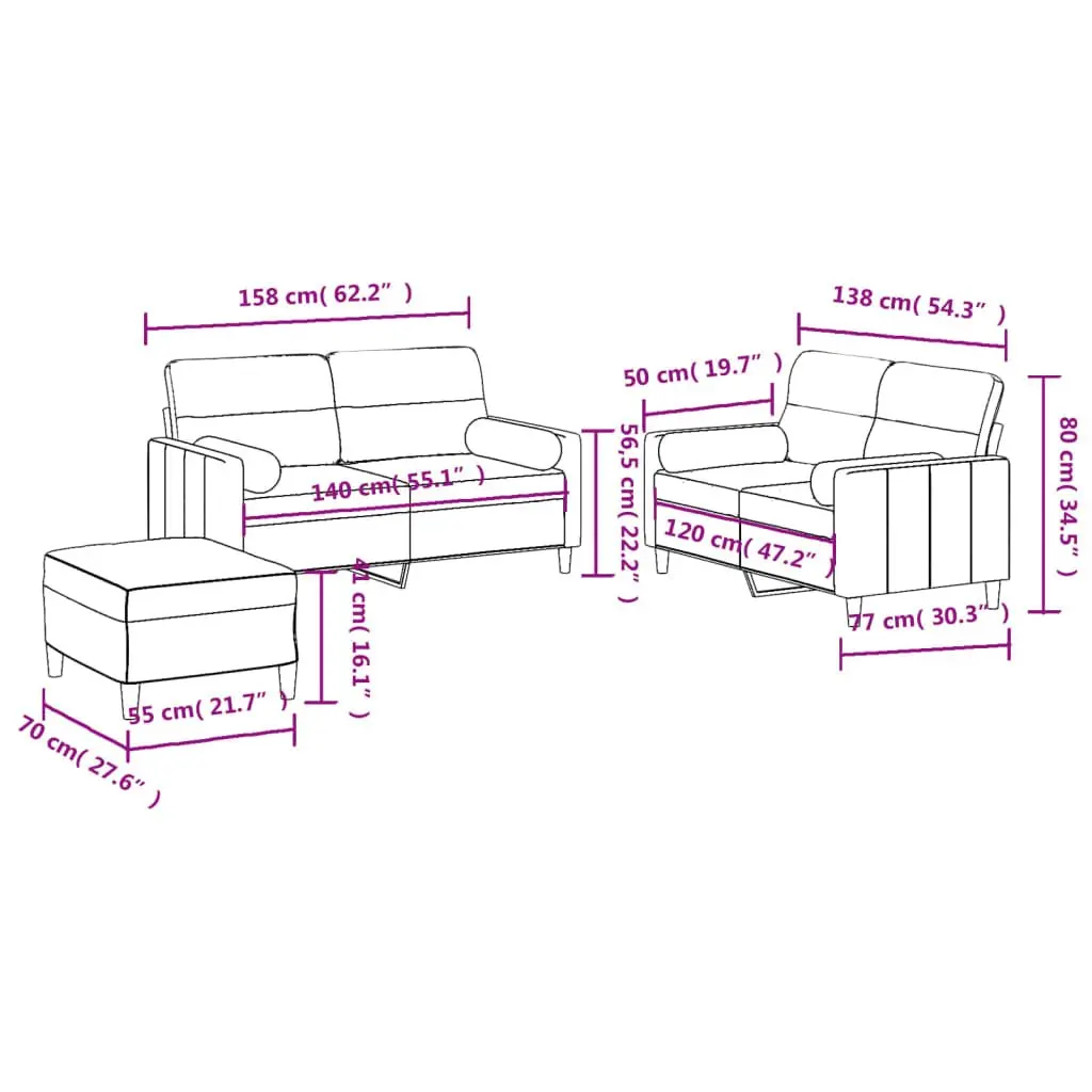 Black Fabric Lounge Suite Sofa Set 3 Piece with Footstool and Pillows for Living Room or Bedroom