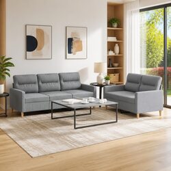 2 Piece Sofa Set Grey Fabric Cushions Living Room Seating Lounge Couch Suite