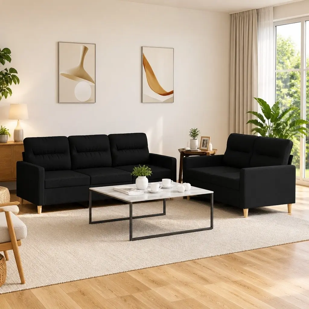 Black Fabric 2 Piece Sofa Set with Cushions Living Room Furniture Seating Suite