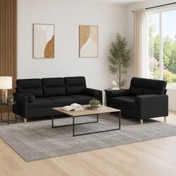 2 Piece Fabric Sofa Set Black with Roll Pillows Lounge Suite Comfortable Seating
