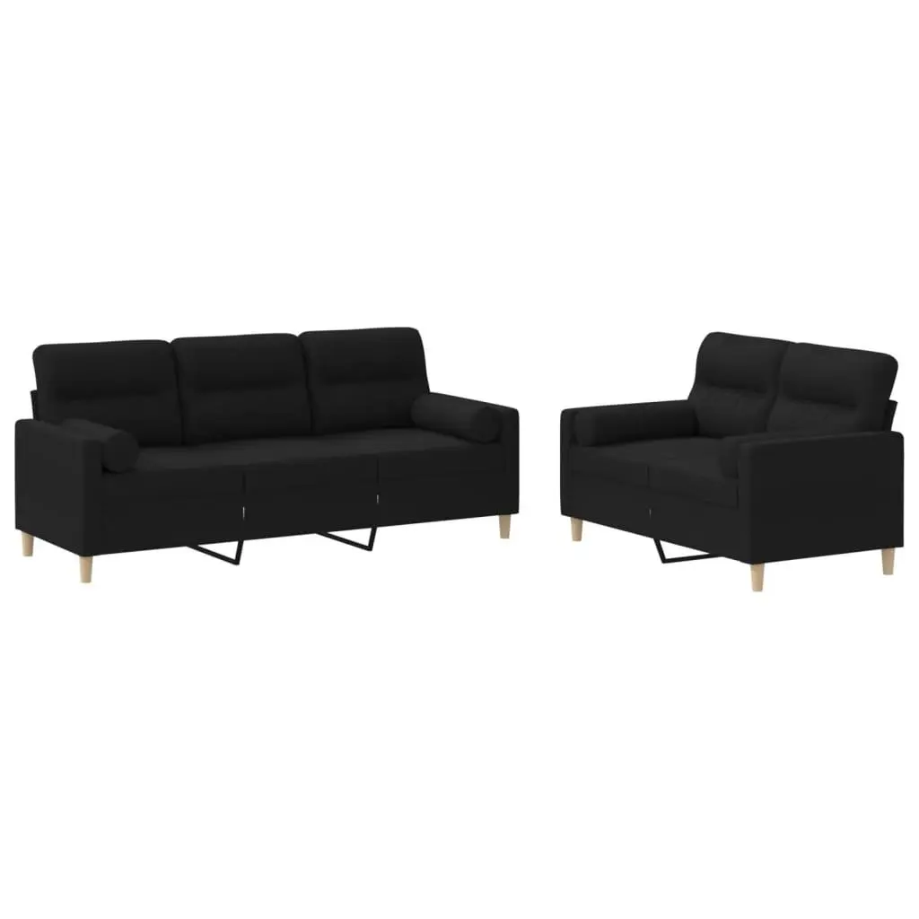2 Piece Fabric Sofa Set Black with Roll Pillows Lounge Suite Comfortable Seating