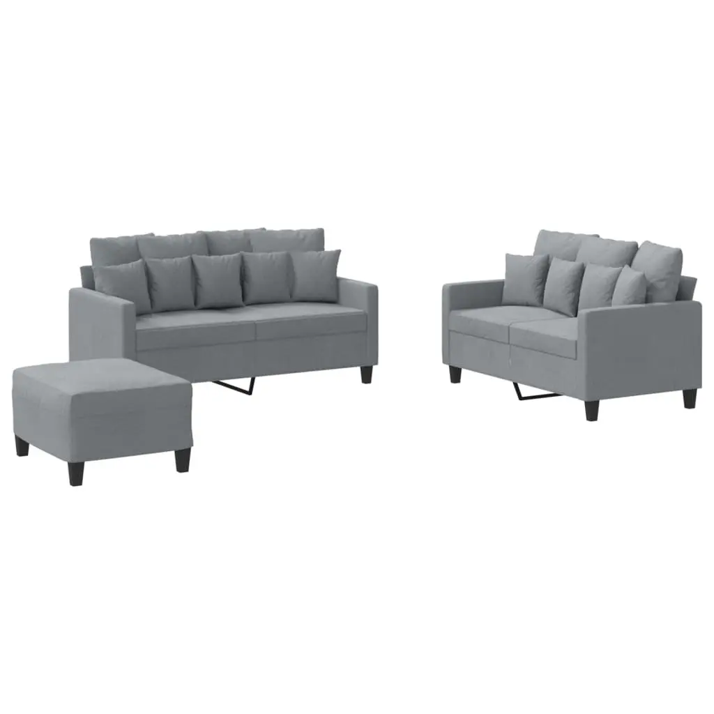 Grey Fabric Sofa Set 3 Piece with Cushions and Footstool for Compact Living Room