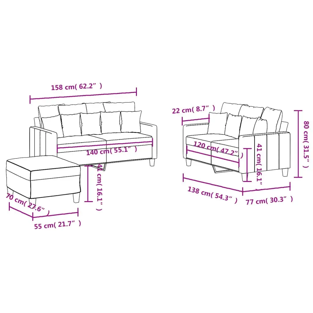 3 Piece Sofa Set Grey Fabric with Cushions Footstool Living Room Furniture