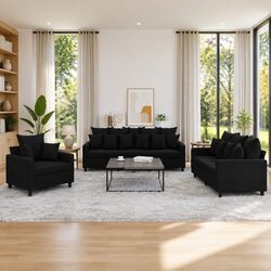 3 Piece Sofa Set Black Velvet Living Room Furniture Cushioned Seating Sectional