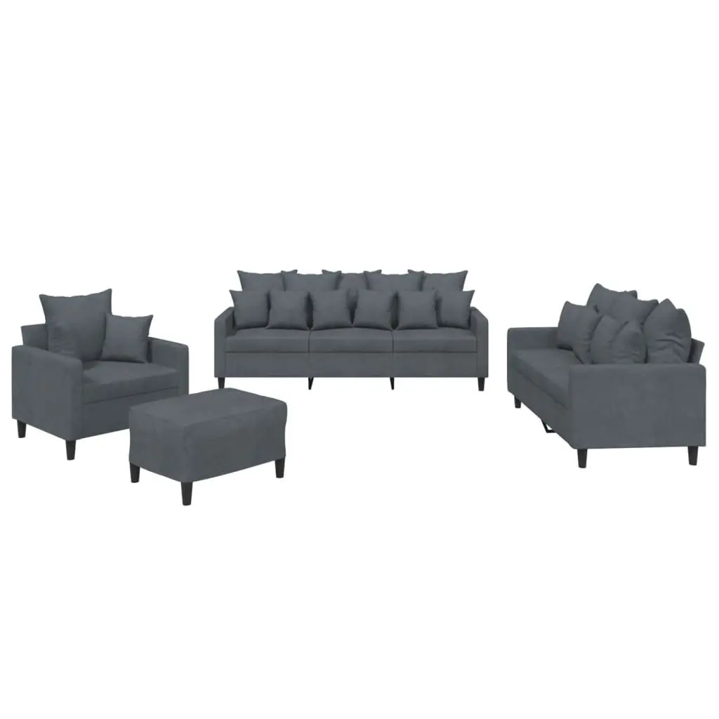 4 Piece Sofa Set with Footstool Grey Velvet Living Room Furniture Cushions