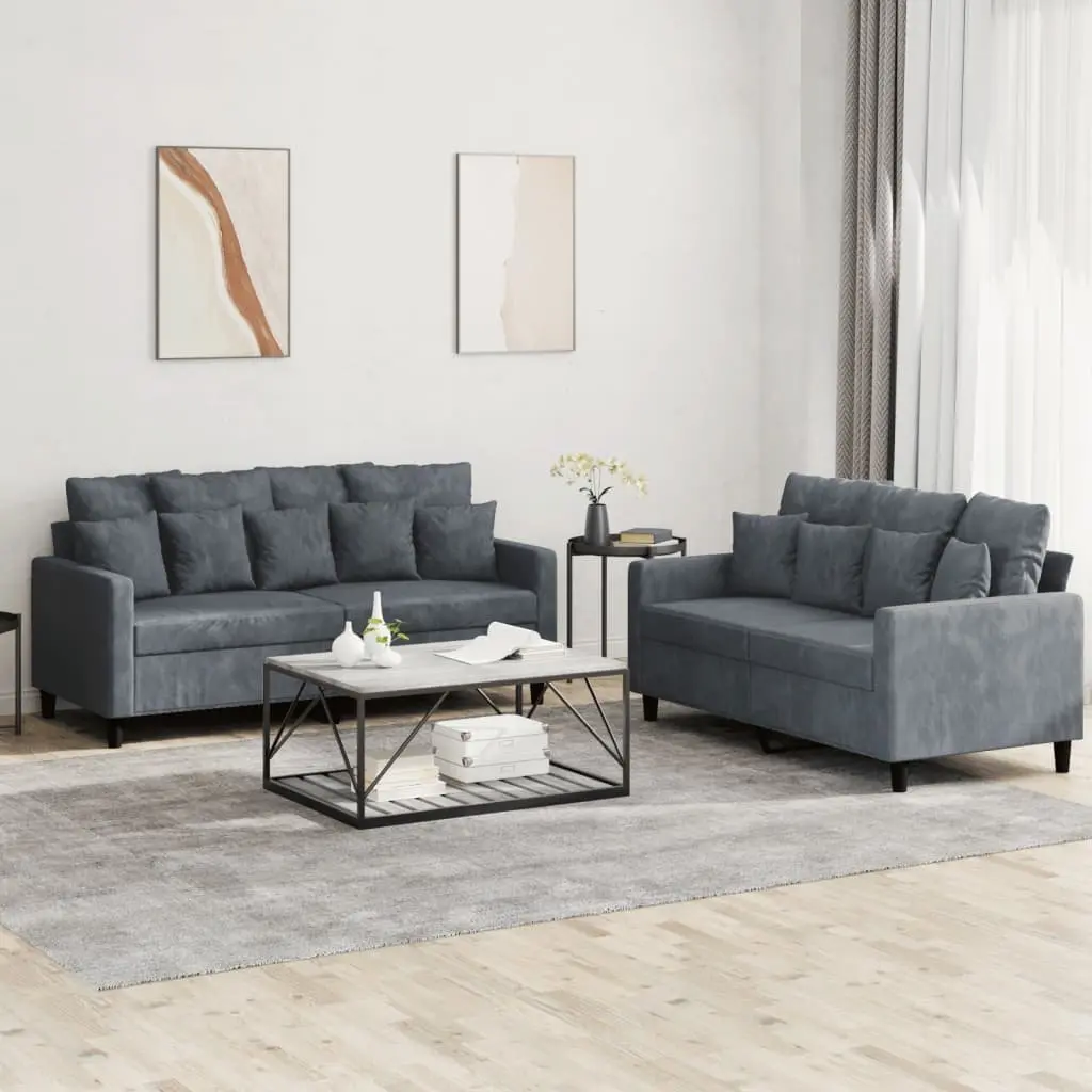 Grey Velvet 2 Piece Sofa Set Lounge Suite with Cushions for Living Room