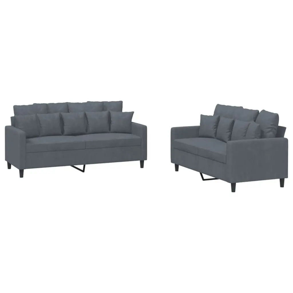 Grey Velvet 2 Piece Sofa Set Lounge Suite with Cushions for Living Room