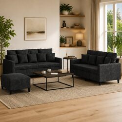 3 Piece Sofa Set with Cushions Black Velvet Living Room Furniture Footstool