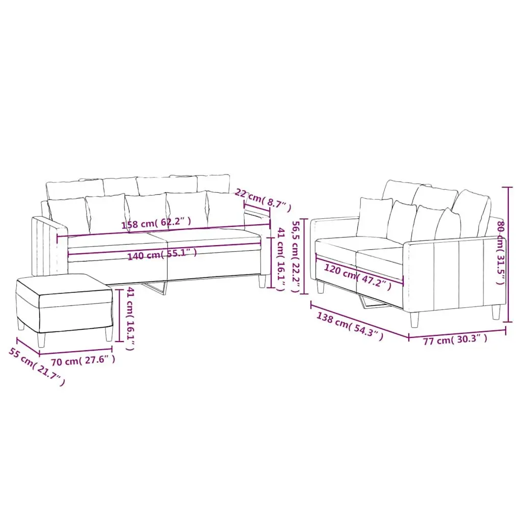3 Piece Sofa Set with Cushions Black Velvet Living Room Furniture Footstool