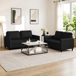 2 Piece Sofa Set Black Faux Leather Lounge Suite Cushions Living Room Furniture