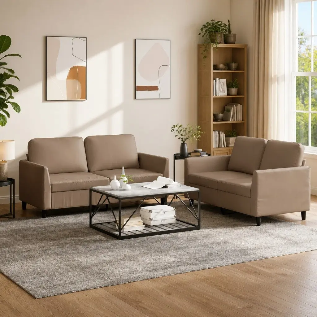 Brown Faux Leather 2 Piece Sofa Set Cushioned Lounge Suite for Living Room
