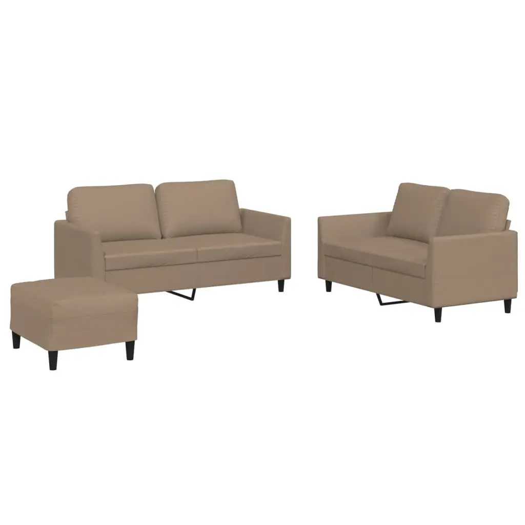 3 Piece Sofa Set with Footstool Brown Faux Leather Living Room Furniture