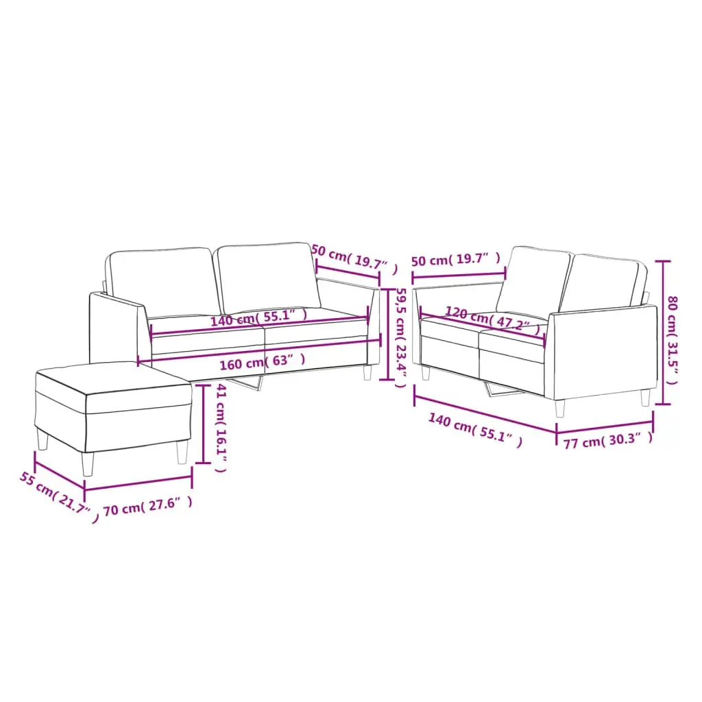 3 Piece Sofa Set with Footstool Brown Faux Leather Living Room Furniture