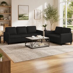 2 Piece Sofa Set Black Faux Leather Living Room Furniture with Cushions Seating