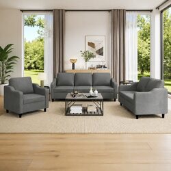3 Piece Sofa Set with Cushions Grey Fabric Living Room Furniture Lounge Seating