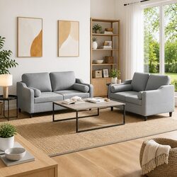 2 Piece Sofa Set with Pillows Grey Fabric Lounge Suite Comfortable Seating