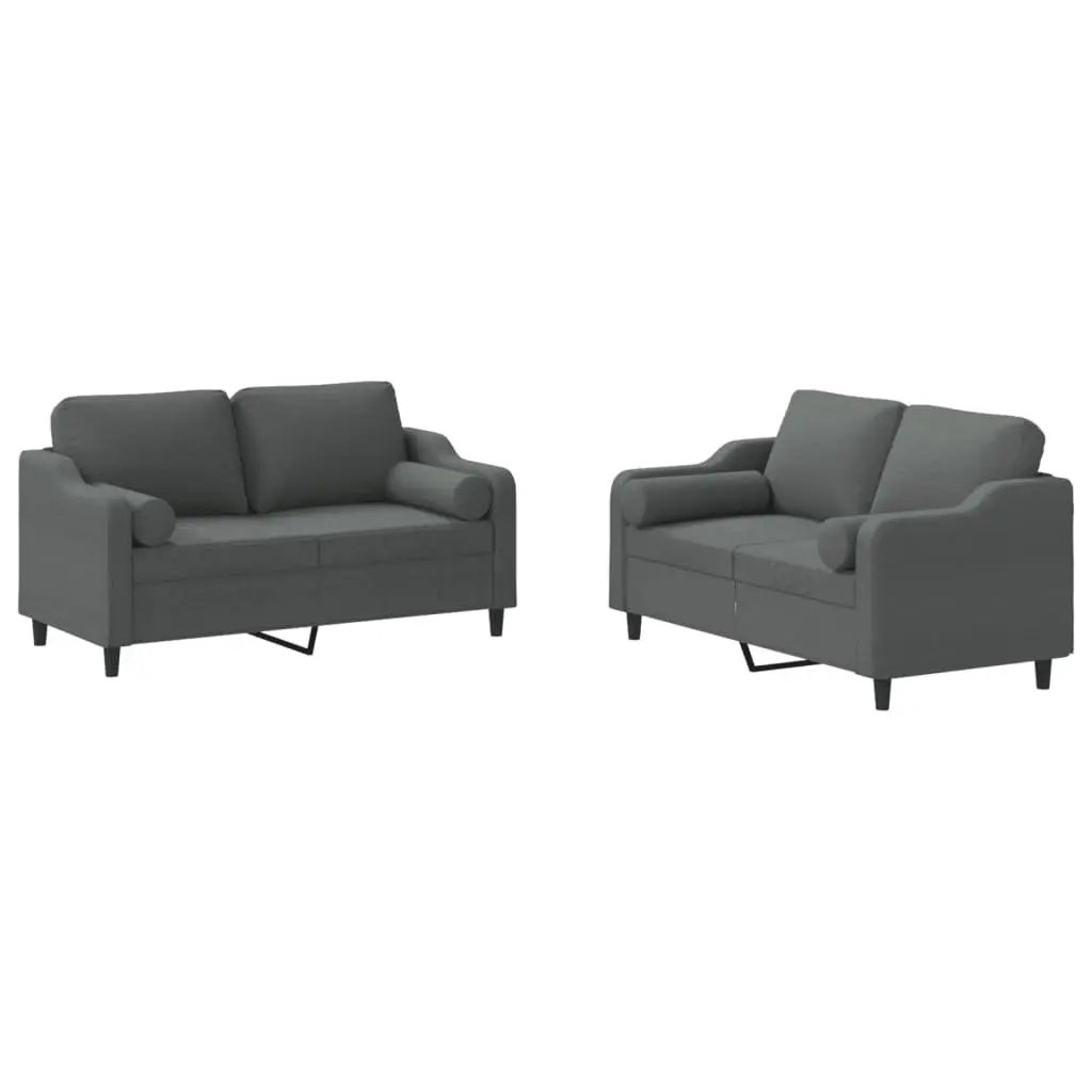 2 Piece Sofa Set Dark Grey Fabric Plywood and Metal Frame with Pillows