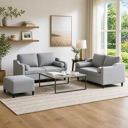 3 Piece Sofa Set with Footstool and Pillows