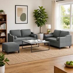 3 Piece Sofa Set with Footstool Padded Armrests Cylinder Pillows Grey Fabric