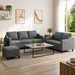 3 Piece Sofa Set Grey Fabric Couch with Cushions Footstool Living Room Furniture