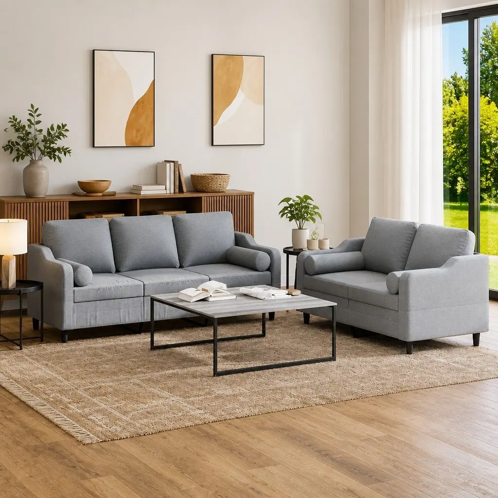 Grey Fabric 2 Piece Sofa Set with Pillows for Living Room Lounge Suite