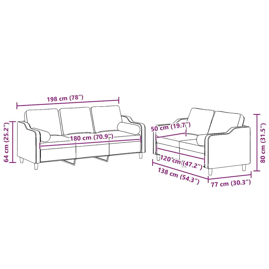 Grey Fabric 2 Piece Sofa Set with Pillows for Living Room Lounge Suite