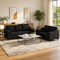 Compact 2 Piece Black Sofa Set with Pillows