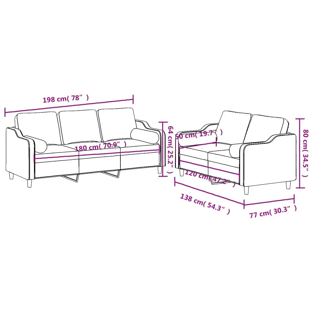 2 Piece Sofa Set Black Fabric Lounge Suite with Pillows Living Room Seating