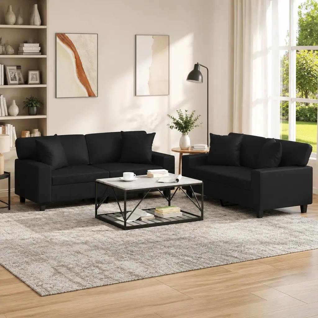 2 Piece Black Sofa Set Faux Leather Sturdy Frame Thickly Padded Seating