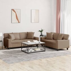 2 Piece Sofa Set with Throw Pillows Brown Faux Leather Lounge Couch Suite