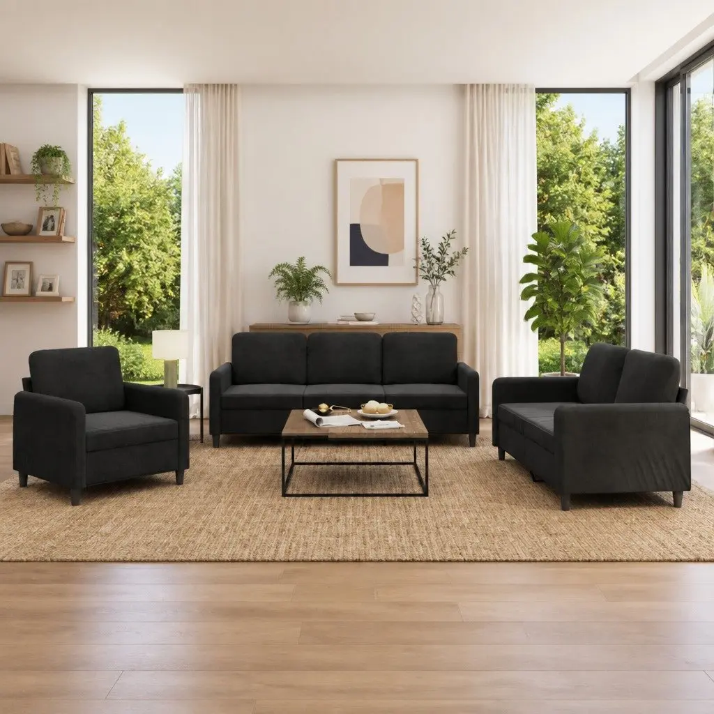 3 Piece Black Velvet Sofa Set Thickly Padded Upholstered Living Room Furniture