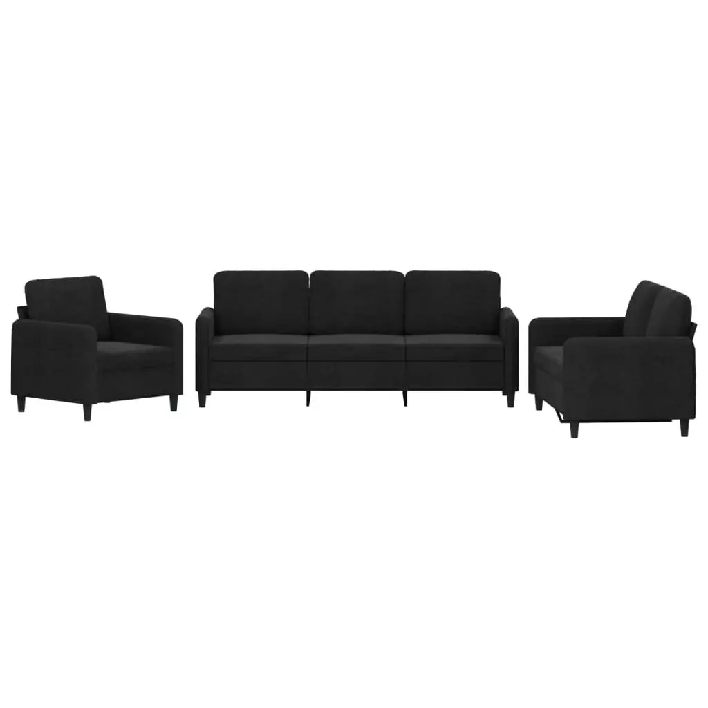 3 Piece Black Velvet Sofa Set Thickly Padded Upholstered Living Room Furniture