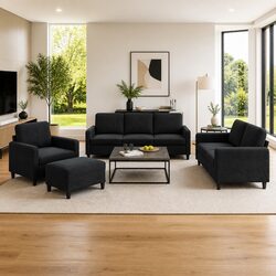 4 Piece Sofa Set Black Velvet Living Room Furniture Couch with Footstool