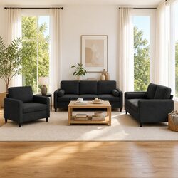 3 Piece Sofa Set Black Velvet Couch Living Room Furniture with Pillows Armrests