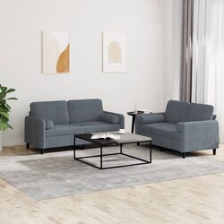 Grey Velvet Sofa Set: 2 Pieces with Roll Pillows Included