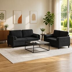 Compact Black Velvet 2-Piece Sofa Set with Pillows