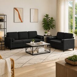 2 Piece Sofa Set with Pillows Black Velvet Lounge Suite Living Room Furniture