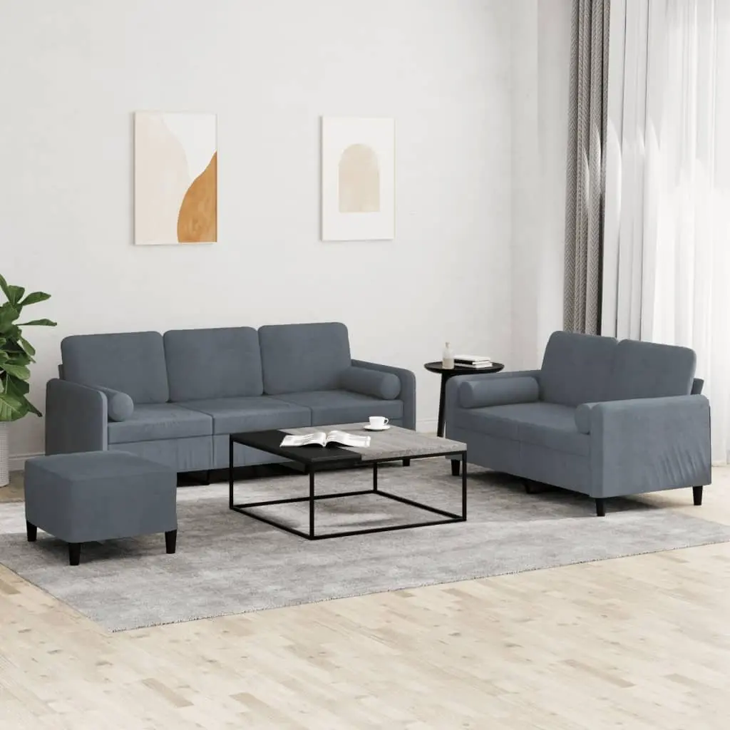 3 Piece Sofa Set Grey Velvet Couch with Pillows Footstool Living Room Furniture