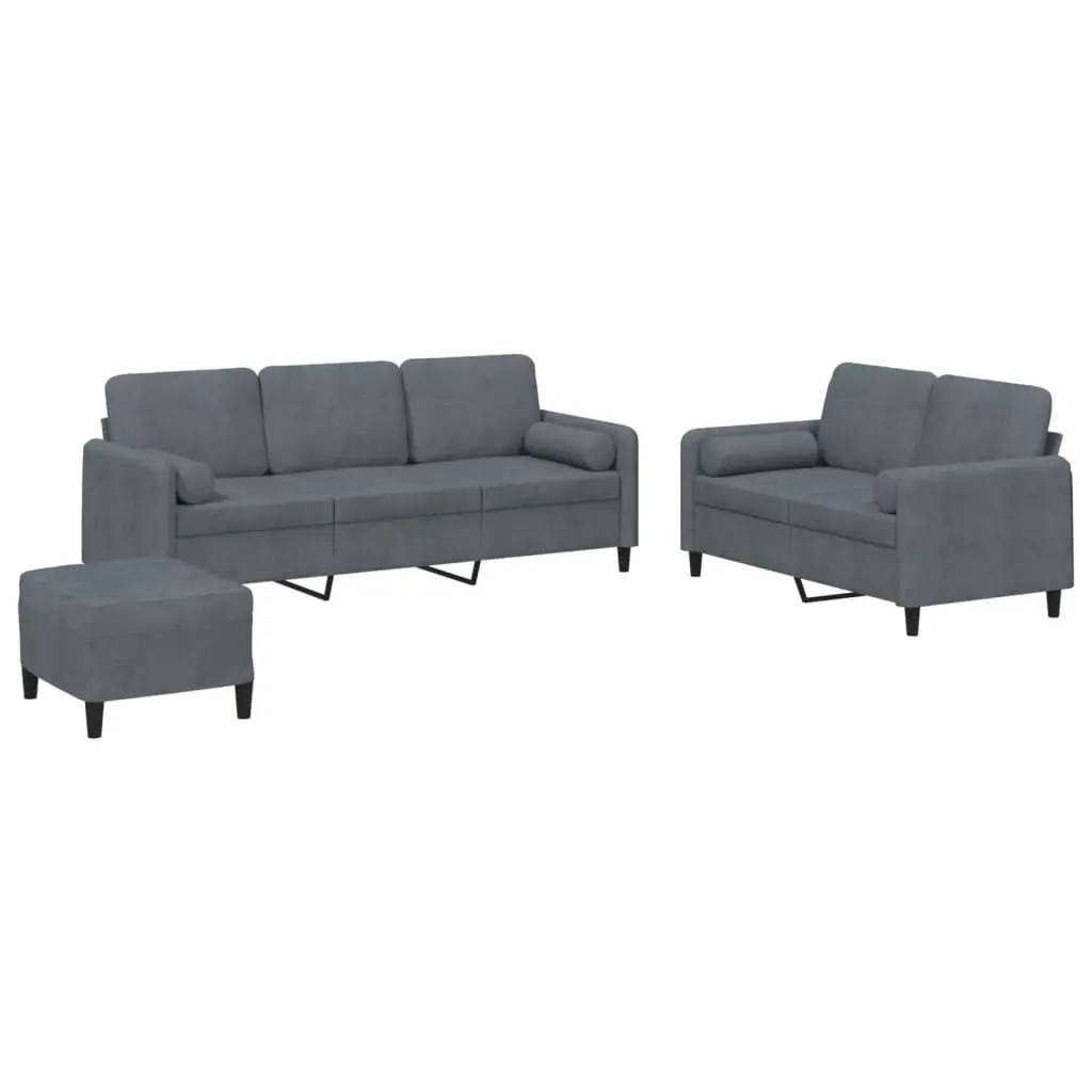 3 Piece Sofa Set Grey Velvet Couch with Pillows Footstool Living Room Furniture