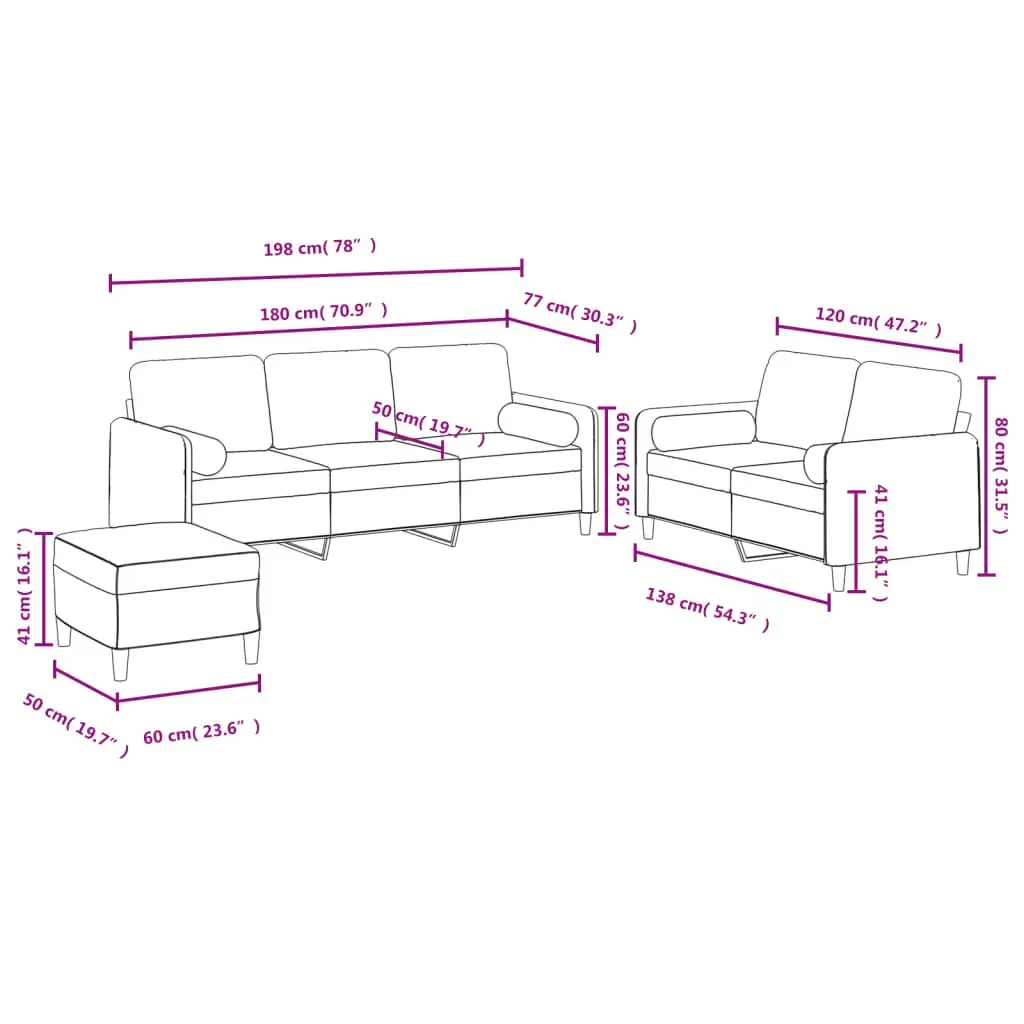 3 Piece Sofa Set Grey Velvet Couch with Pillows Footstool Living Room Furniture